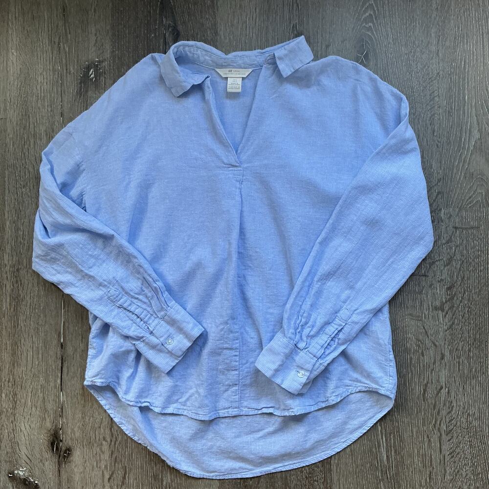 H&M LOGG Linen‎ Blend Shirt Light Blue Casual Button Front US 0